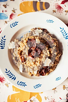 Top view of plate with orzotto with common morels and crunchy bacon