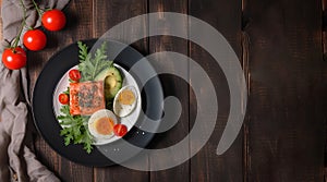 Top view of a plate with salmon and vegetables for ketogenic diet, low carbohydrate diet, the idea of conscious consumption of