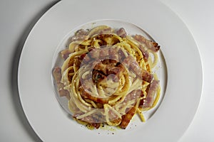 Top view of plate with spaghetti carbonara