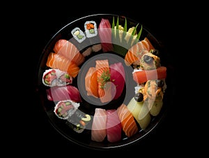 Top view of a plate of sushi with a variety of maki rolls and nigiri sushi pieces, AI-generated.