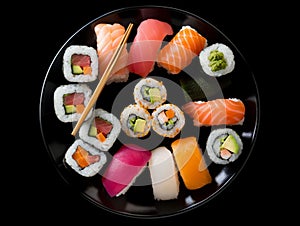 Top view of a plate of sushi with a variety of maki rolls and nigiri sushi pieces, AI-generated.