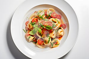 Top view of plate with tortellini pasta, tomatoes and basil