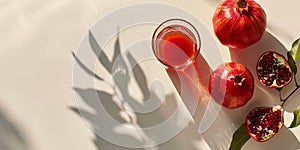 Top view of pomegranate juice in glass next to fruit.