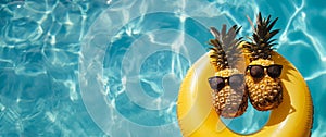 Top view of Poolside Paradise. Two Pineapples Gracefully on an yellow Inflatable Floating ring, Symbolizing Relaxation. Holiday