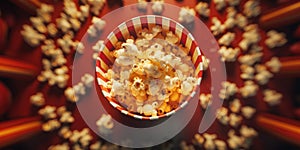 Top view of Popcorn on Red background. Flat lay of Pop Corn in Red and White Striped Cardboard Bucket. Generative AI