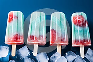 Top view of popsicles and ice cubes against a blue background