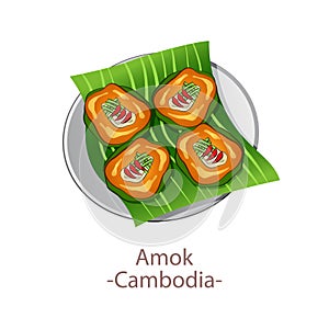 Top view of popular food of ASEAN national,Amok,in cartoon