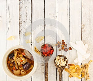 Top view of pork rips clear soup with chinese medicine