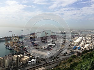 Top view of the port day with blue and gray ships and sky