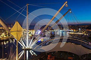 Top view of the port of Genoa by night, Italy.