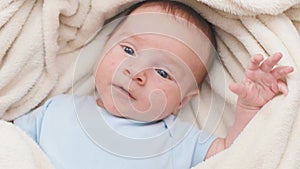 Top view portrait of 1 months old little baby with blue eyes lying on white soft blanket on bed and looking in camera.