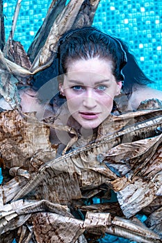 Top view portrait of a beautiful young sexy brunette woman elegantly in dried up brown, withered leaves of a banana tree,