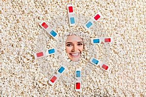 Top view portrait of cheerful satisfied young lady beaming smile have good mood 3d glasses face buried pop corn