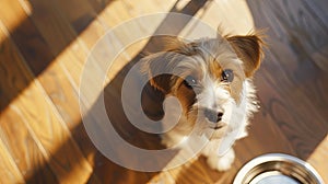 Top view portrait of cute dog begging for food looking