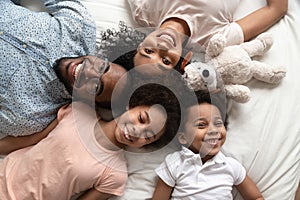 Top view portrait of happy black family with kids