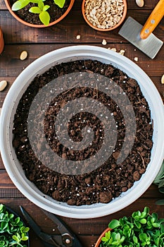 Top view of a pot filled with soil, ready for planting, surrounded by gardening essentials. photo