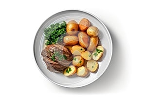 Top View Potaufeu On White Round Plate On White Background. Generative AI