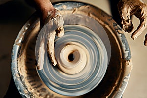 Top view of potter hands making ceramic pot on the wheel