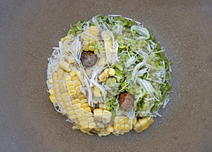 Top view of Pounded unripe rice Flakes Cereal Glutinous rice is processed into