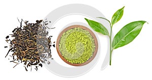 Top view of powder green tea and green tea leaf isolated on whit