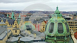 Top view from the Powder Tower on the historical buildings of Prague, Czech Republic