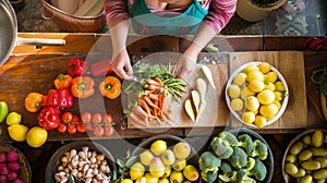 Top view of a pregnant woman cooking healthy food.