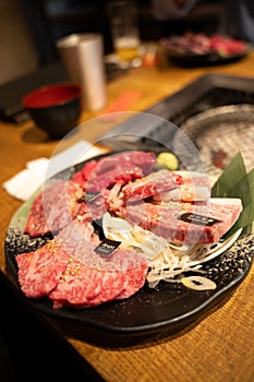 Top view of Premium Rare Slices of Wagyu for korean bbq