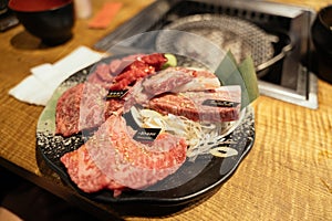 Top view of Premium Rare Slices of Wagyu for korean bbq