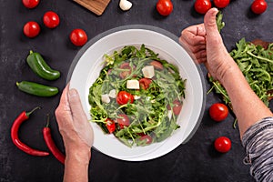 Top view of prepared fresh vegetable salad with mozzarella cheese with ingredients