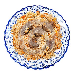 top view of prepared pilau on local ceramic plate