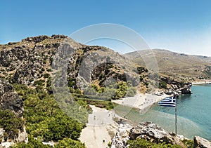 Top view of Preveli beach and river Megalo Potamos Megalopotamo in the place where it flows into the Libyan sea, Crete