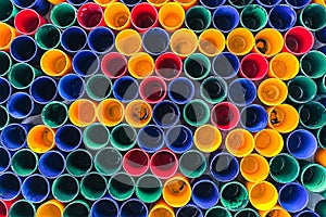 Top view of primary colors of mix color cups for artist painting
