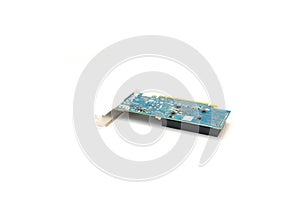 Top view printed circuit board that houses a processor and VRAM on graphic card isolated on white