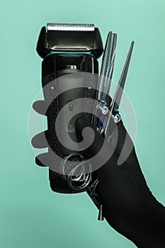 Top view of professional barber tools in the hands