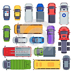 Top view public transport. Taxi car, city buses and ambulance vehicle. Delivery truck, school bus and fire engine vector