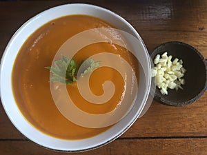 Top view. Pumpkin Soup  on Wooden table