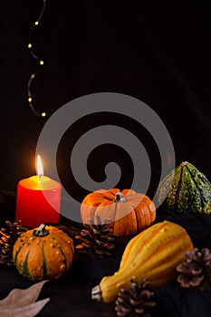 Top view of pumpkins, with autumn leaves and burning orange candle, selective focus, on dark wooden table, black background and li