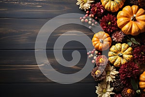 Top view pumpkins, gourds on wooden table. Thankgiving Day banner design.