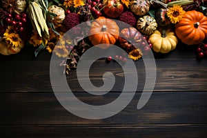 Top view pumpkins, gourds on wooden table. Thankgiving Day banner design.