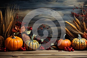 Top view pumpkins, gourds on wooden table. Thankgiving Day banner design.