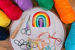Top view of punch needle, small scissors, multicolored skeins of yarn on a hoop with embroidered rainbow on it