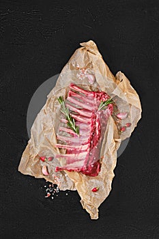 Top view of rack of lamb in wrapping paper