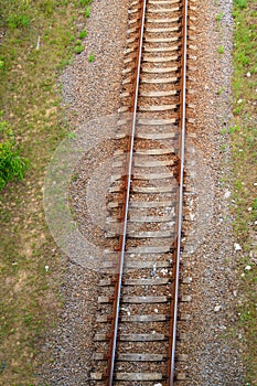 Top view of railroad track through green pine forest