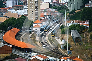 Top view of railway station of Peso da Regua, northern Portugal. Travel.