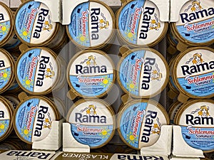 Top view on Rama margarine butter cups in german supermarket