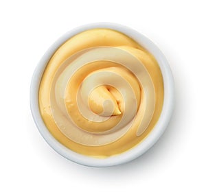 Top view of ramekin with cheese sauce