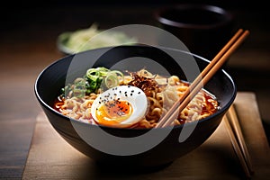 Top view ramen. Traditional Korean ramen soup with kimchi. Korean cuisine. Asian food. Traditional korean cuisine set.