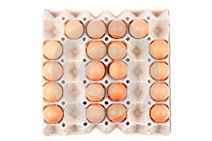 Raw brown Chicken Eggs In paper container tray box arranged English alphabet is ` M `.