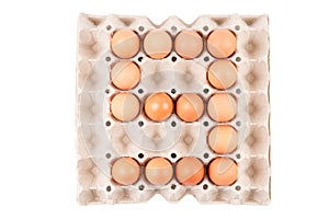 Chicken Eggs In paper container tray box arranged look like Number is ` 9 `.
