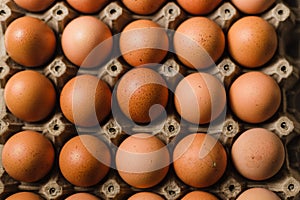 Top view of raw fresh organic healthy brown eggs in a carton box